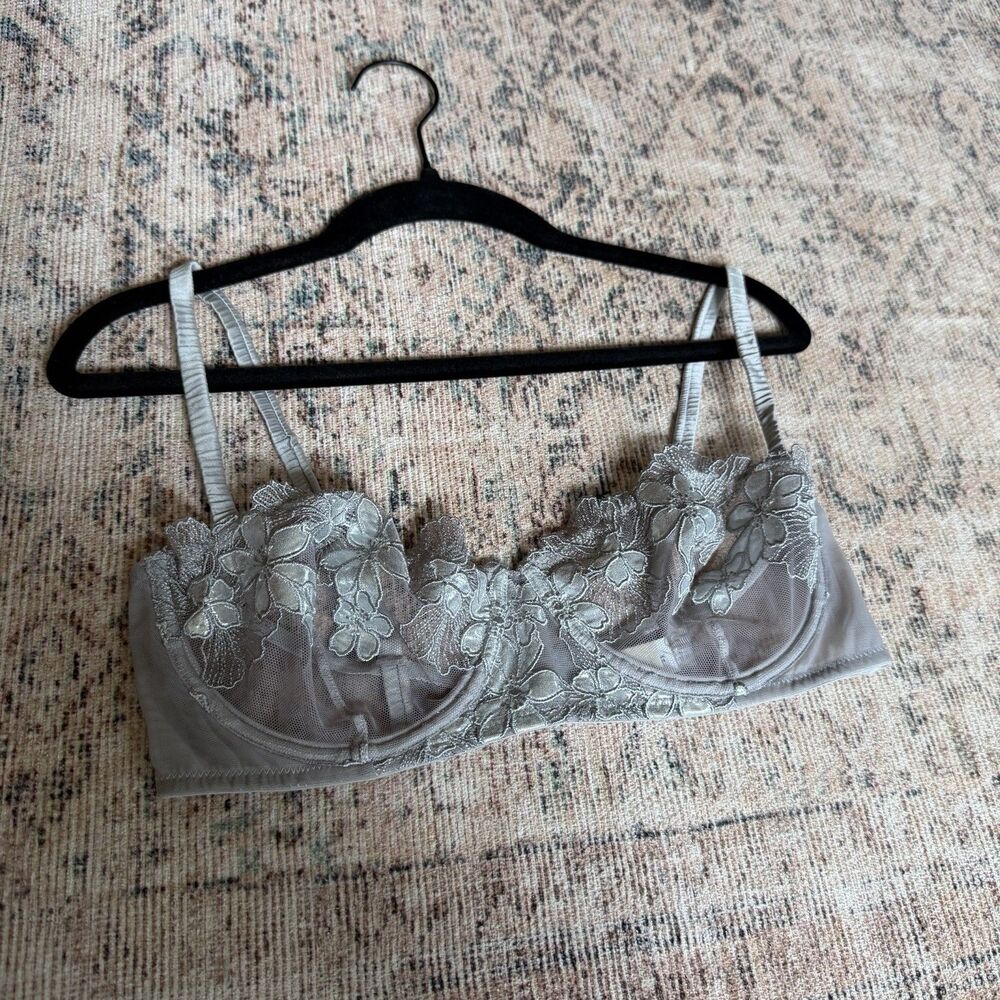 Fleur du Mal Lace Balconette Bra 34D Silver Grey Embroidered Underwire Silk Sexy - Picture 7 of 12